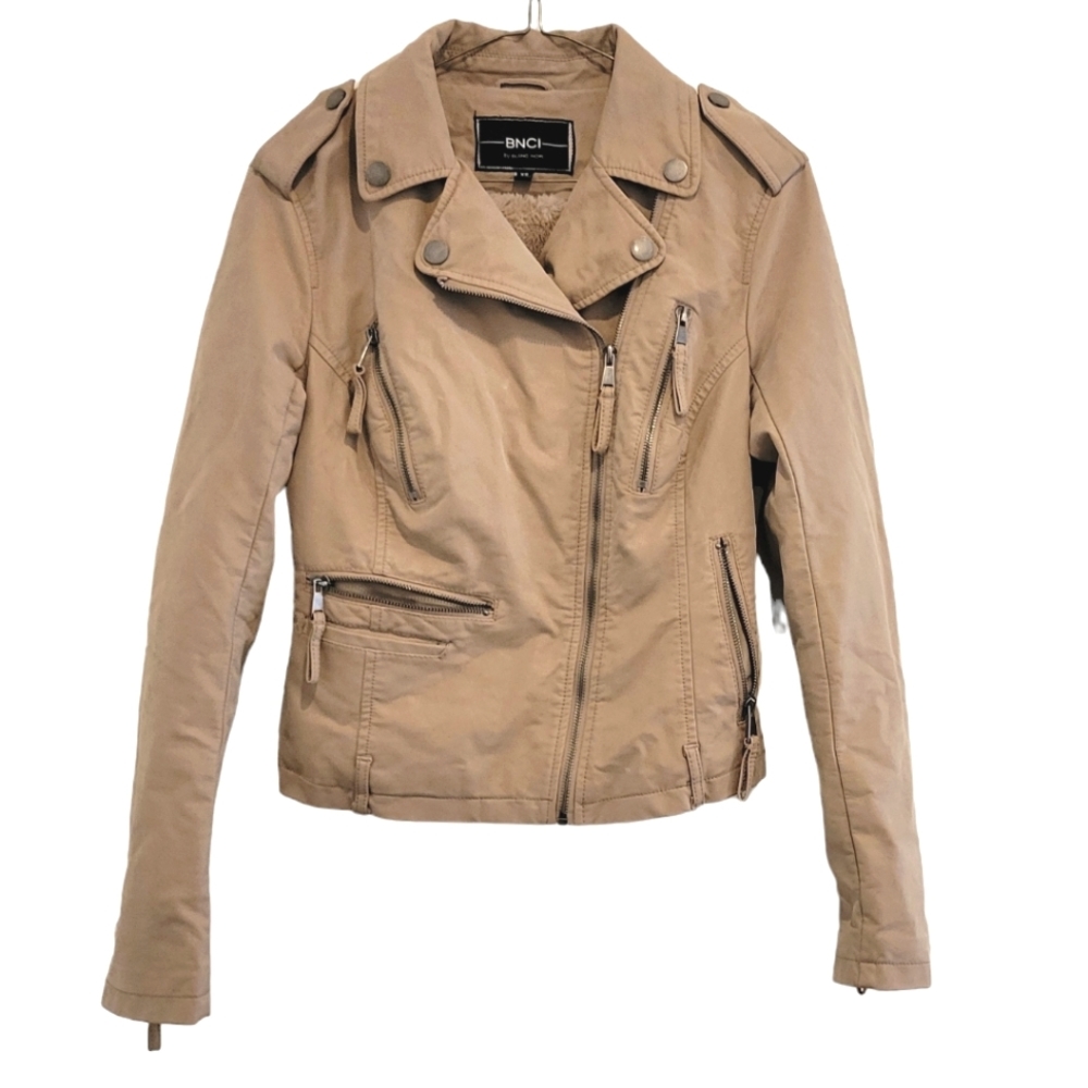 BNCI by Blanc Noir XS Vegan Faux Leather Moto Jacket Classic Tan Beige Fur Zip